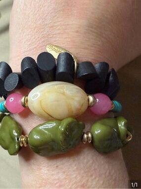 Plunder Stacked Beaded Bracelet Set - Green, Black, Pink & Cream